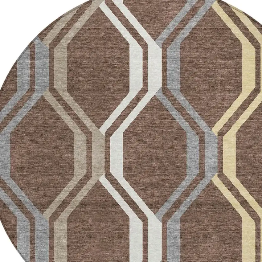 8' Chocolate Gray And Ivory Round Geometric Washable Indoor Outdoor Area Rug Photo 5