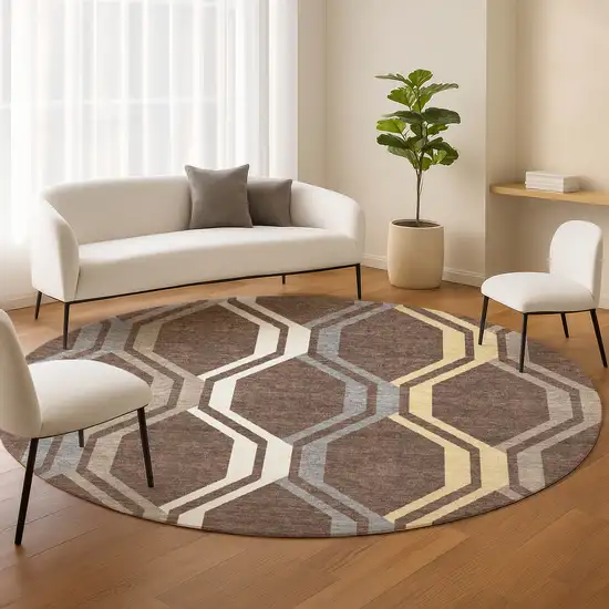 8' Chocolate Gray And Ivory Round Geometric Washable Indoor Outdoor Area Rug Photo 9