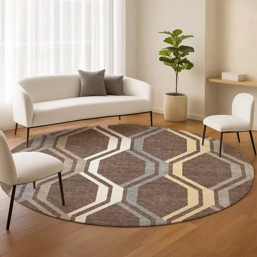 8' Chocolate Gray And Ivory Round Geometric Washable Indoor Outdoor Area Rug Photo 9