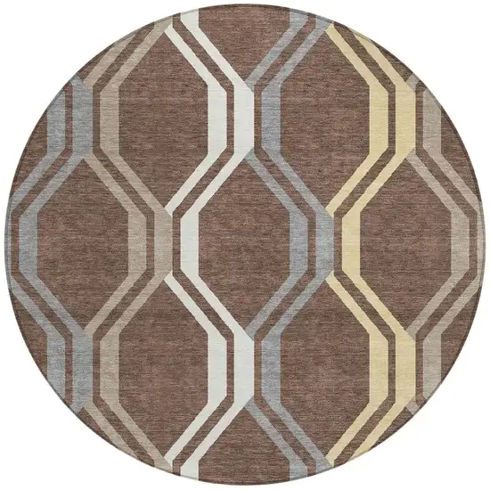 8' Chocolate Gray And Ivory Round Geometric Washable Indoor Outdoor Area Rug Photo 4
