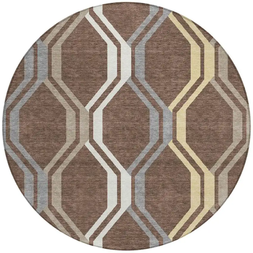8' Chocolate Gray And Ivory Round Geometric Washable Indoor Outdoor Area Rug Photo 4