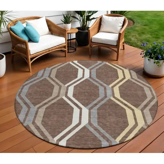 8' Chocolate Gray And Ivory Round Geometric Washable Indoor Outdoor Area Rug Photo 1