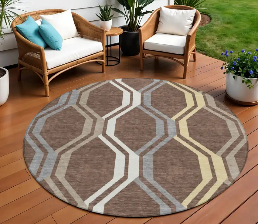 8' Chocolate Gray And Ivory Round Geometric Washable Indoor Outdoor Area Rug Photo 1