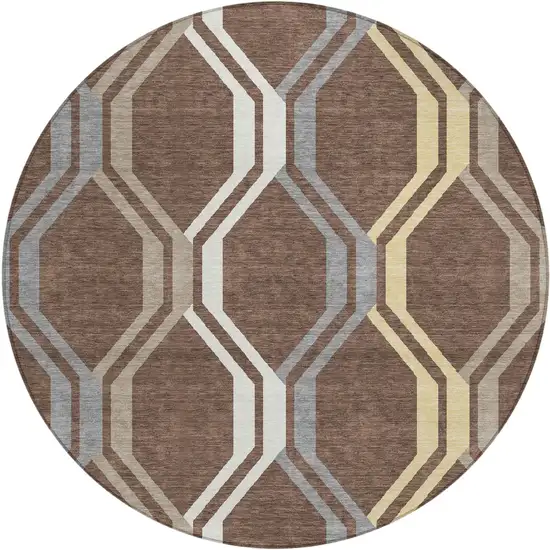 8' Chocolate Gray And Ivory Round Geometric Washable Indoor Outdoor Area Rug Photo 2