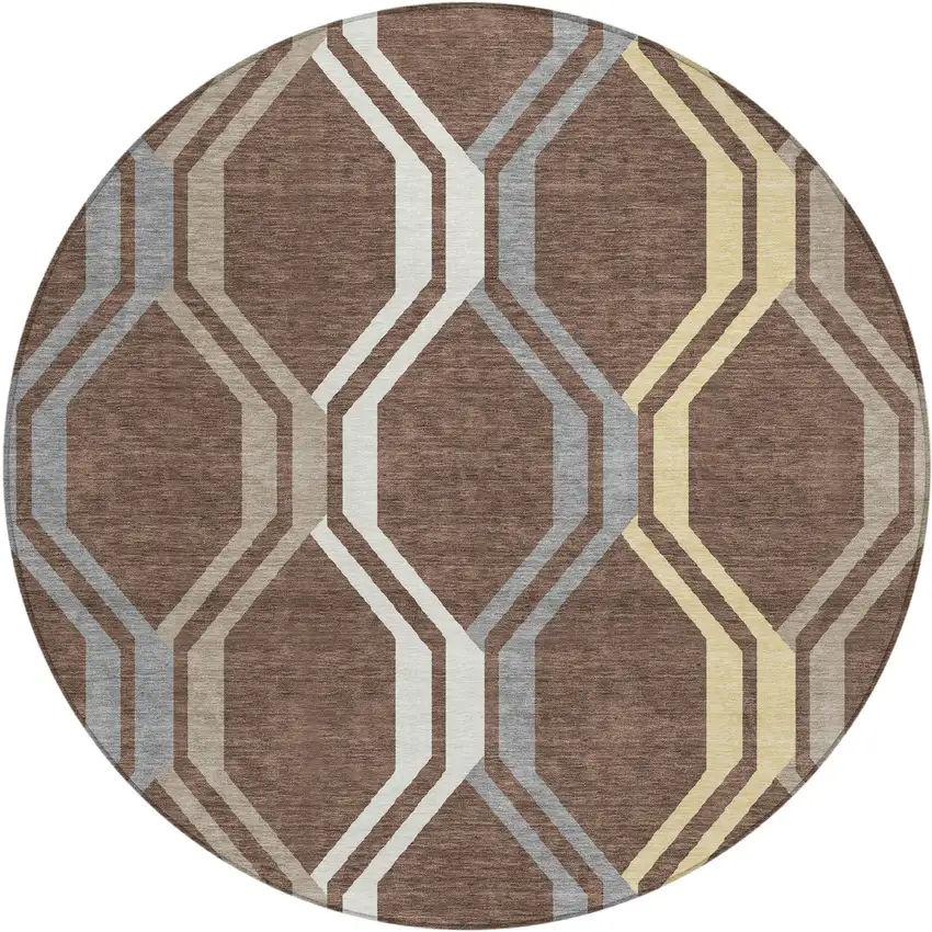 8' Chocolate Gray And Ivory Round Geometric Washable Indoor Outdoor Area Rug Photo 2