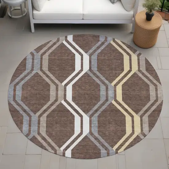 8' Chocolate Gray And Ivory Round Geometric Washable Indoor Outdoor Area Rug Photo 9