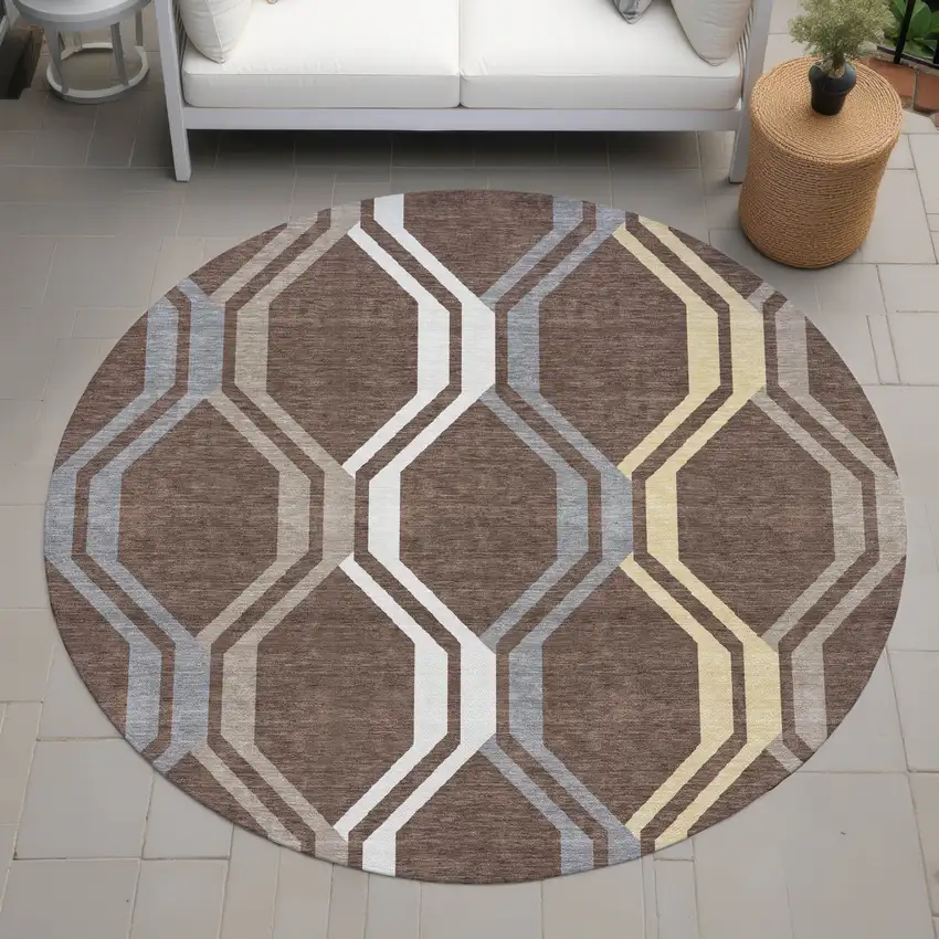 8' Chocolate Gray And Ivory Round Geometric Washable Indoor Outdoor Area Rug Photo 9