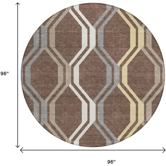 8' Chocolate Gray And Ivory Round Geometric Washable Indoor Outdoor Area Rug Photo 3