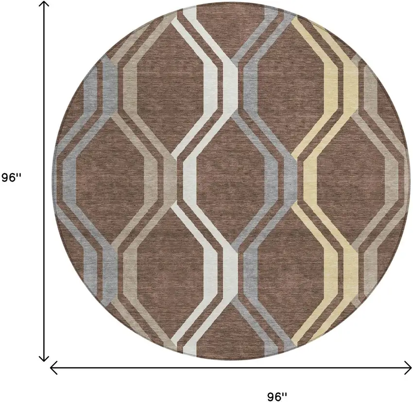 8' Chocolate Gray And Ivory Round Geometric Washable Indoor Outdoor Area Rug Photo 3