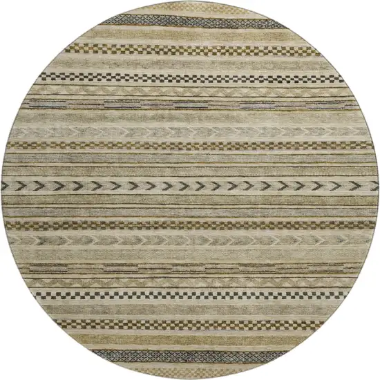 8' Chocolate Gray And Ivory Striped Washable Round Rug With UV Protection Photo 1
