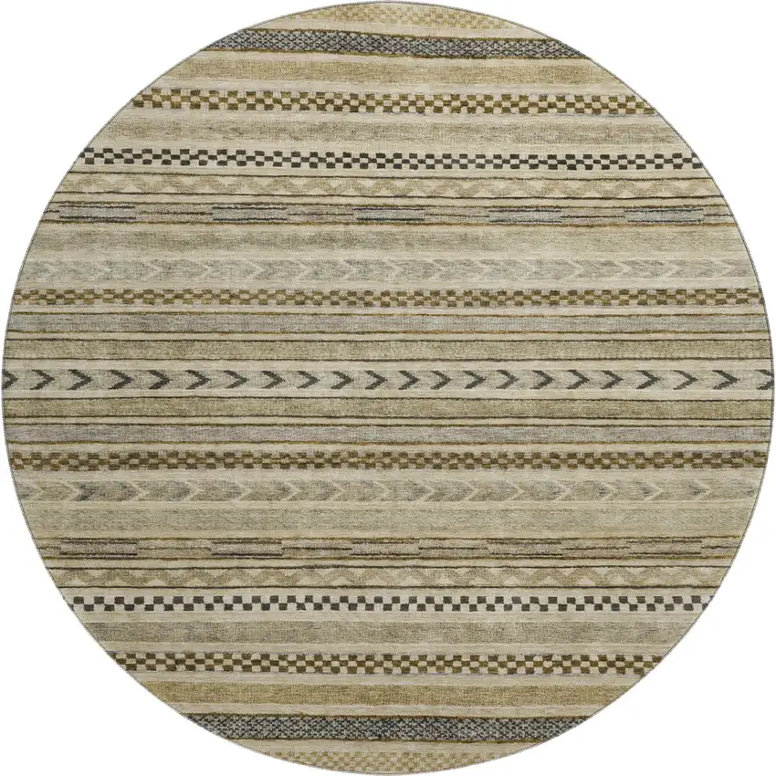 8' Chocolate Gray And Ivory Striped Washable Round Rug With UV Protection Photo 1