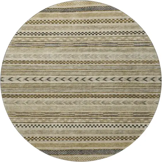 8' Chocolate Gray And Ivory Striped Washable Round Rug With UV Protection Photo 3