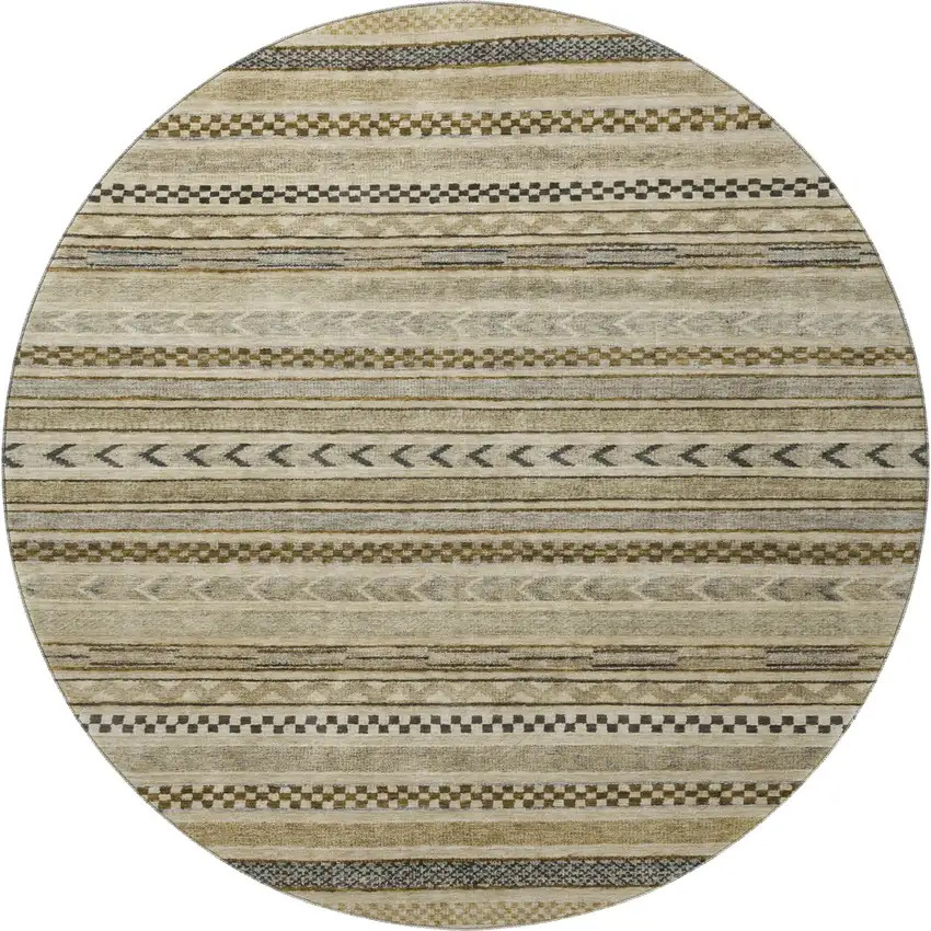 8' Chocolate Gray And Ivory Striped Washable Round Rug With UV Protection Photo 3