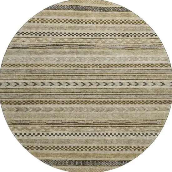 8' Chocolate Gray And Ivory Striped Washable Round Rug With UV Protection Photo 2
