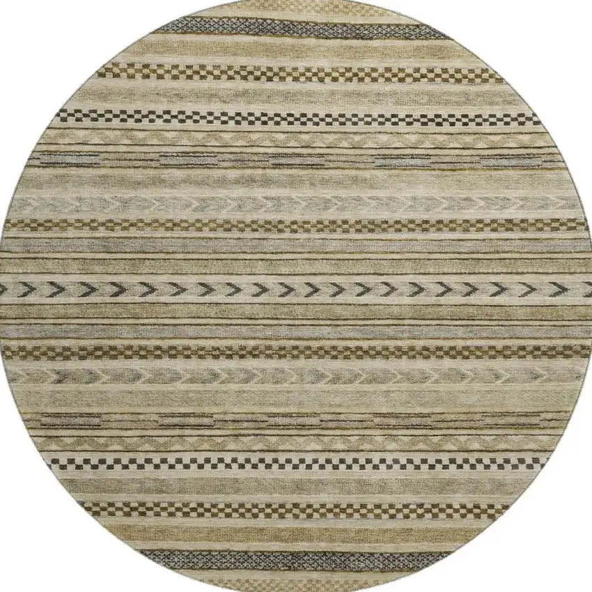 8' Chocolate Gray And Ivory Striped Washable Round Rug With UV Protection Photo 2