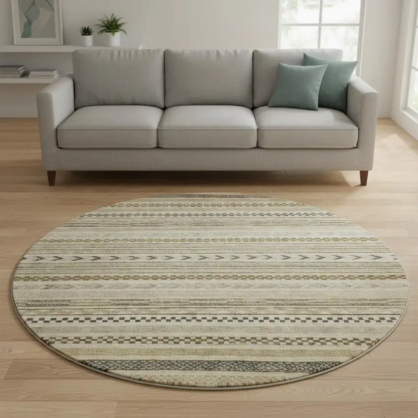 8' Chocolate Gray And Ivory Striped Washable Round Rug With UV Protection Photo 2