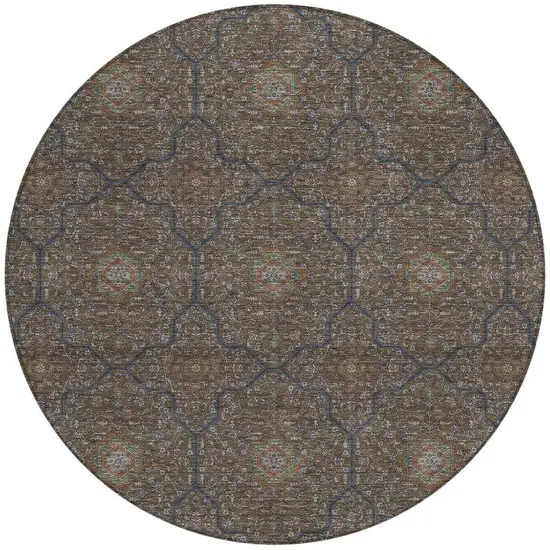 8' Chocolate Gray And Terra Cotta Round Oriental Washable Indoor Outdoor Area Rug Photo 3