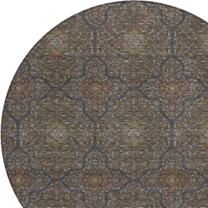 8' Chocolate Gray And Terra Cotta Round Oriental Washable Indoor Outdoor Area Rug Photo 2