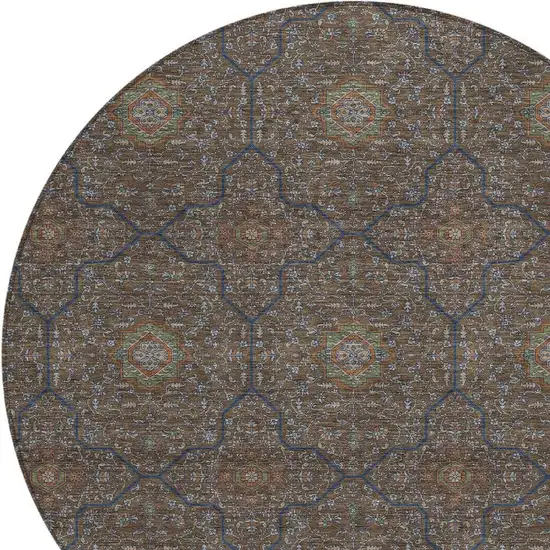 8' Chocolate Gray And Terra Cotta Round Oriental Washable Indoor Outdoor Area Rug Photo 2