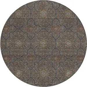 Photo of 8' Chocolate Gray And Terra Cotta Round Oriental Washable Indoor Outdoor Area Rug