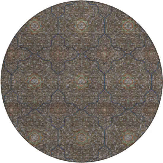 8' Chocolate Gray And Terra Cotta Round Oriental Washable Indoor Outdoor Area Rug Photo 1