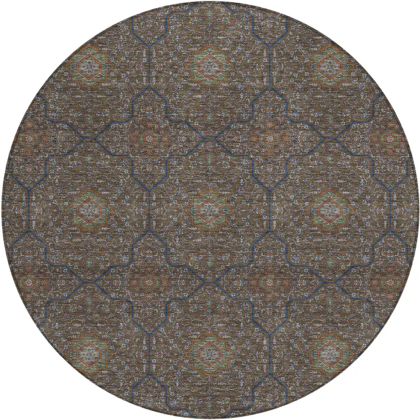 8' Chocolate Gray And Terra Cotta Round Oriental Washable Indoor Outdoor Area Rug Photo 1