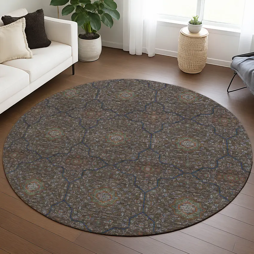 8' Chocolate Gray And Terra Cotta Round Oriental Washable Indoor Outdoor Area Rug Photo 5