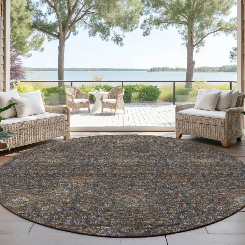 8' Chocolate Gray And Terra Cotta Round Oriental Washable Indoor Outdoor Area Rug Photo 4