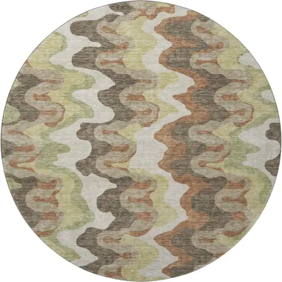 8' Chocolate Green And Beige Abstract Washable Round Rug With UV Protection Photo 4