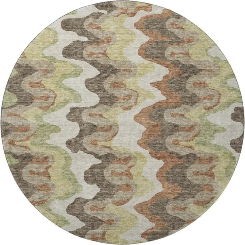 8' Chocolate Green And Beige Abstract Washable Round Rug With UV Protection Photo 4