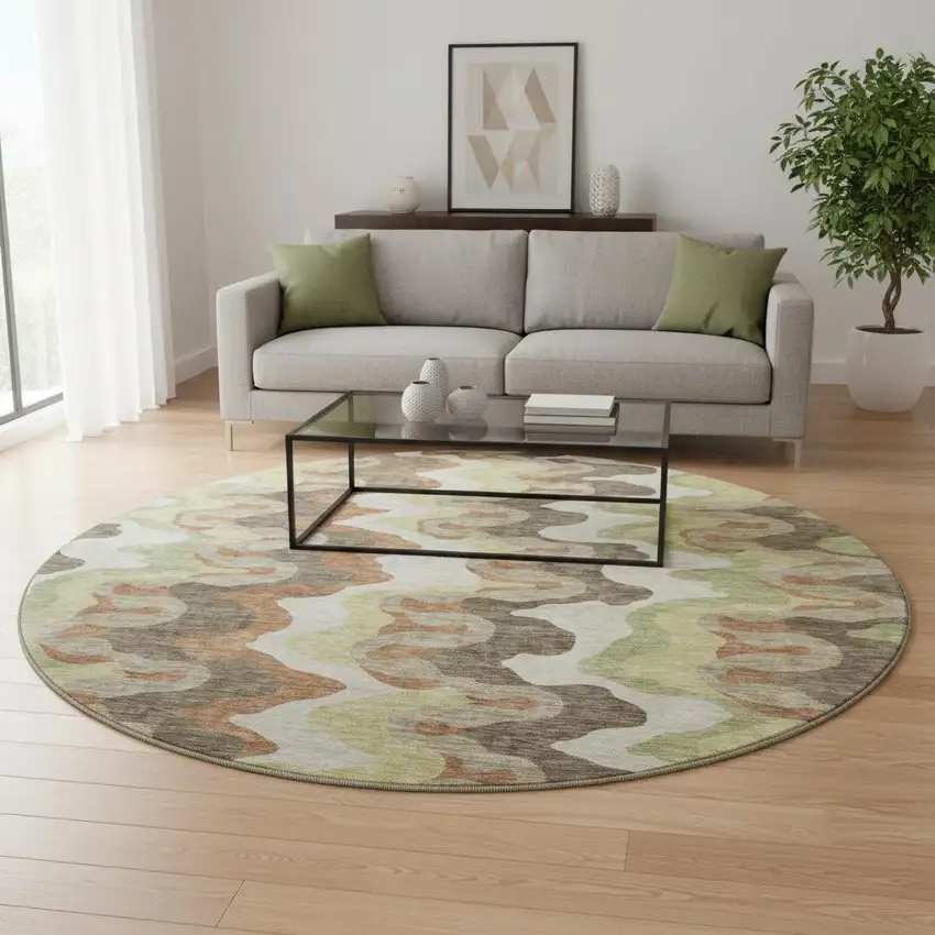 8' Chocolate Green And Beige Abstract Washable Round Rug With UV Protection Photo 2