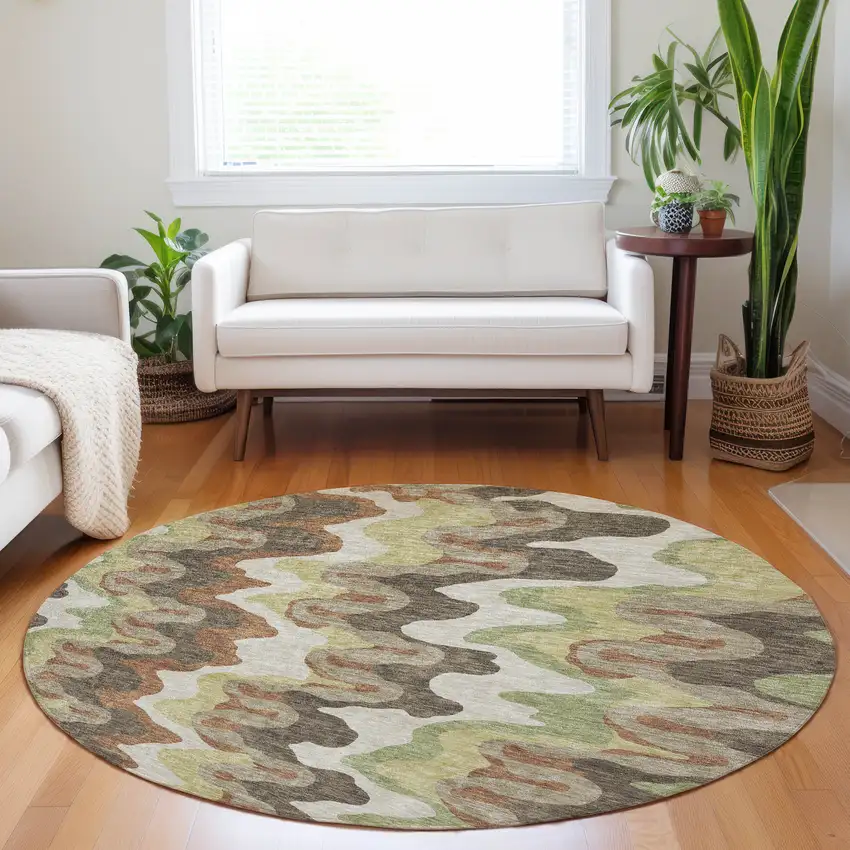 8' Chocolate Green And Beige Abstract Washable Round Rug With UV Protection Photo 5
