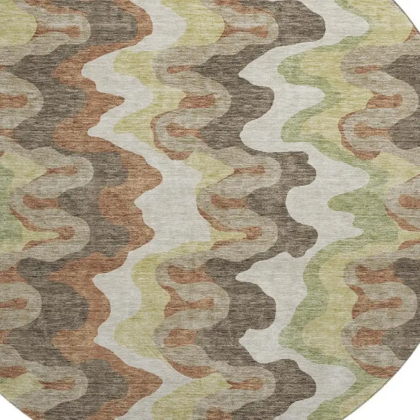 8' Chocolate Green And Beige Abstract Washable Round Rug With UV Protection Photo 3