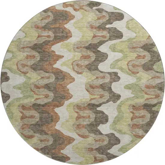 8' Chocolate Green And Beige Abstract Washable Round Rug With UV Protection Photo 1