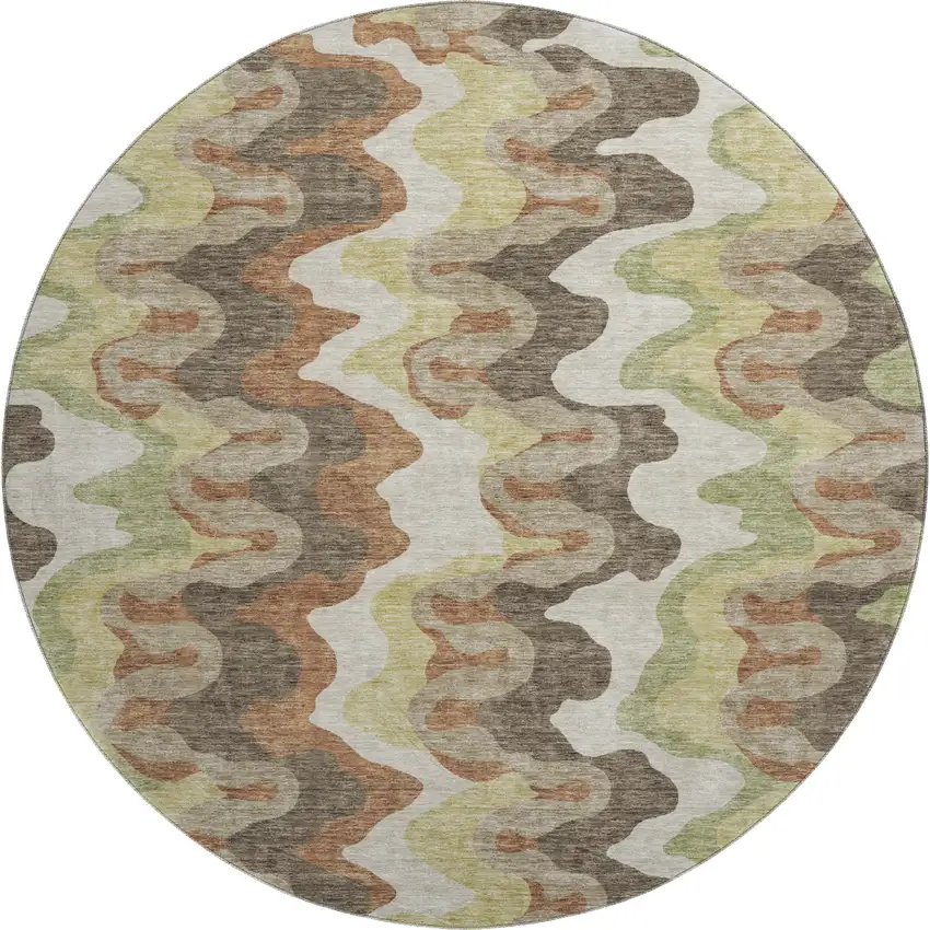 8' Chocolate Green And Beige Abstract Washable Round Rug With UV Protection Photo 1
