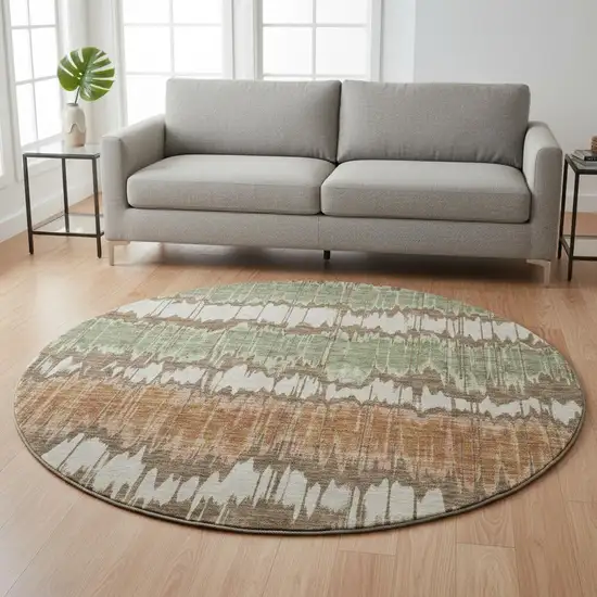 8' Chocolate Green And Beige Striped Washable Round Rug With UV Protection Photo 2