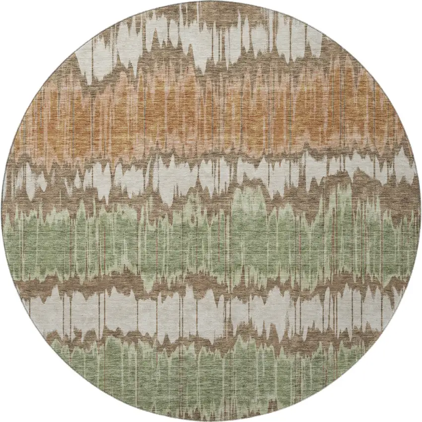 8' Chocolate Green And Beige Striped Washable Round Rug With UV Protection Photo 4