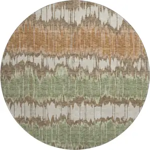 Photo of 8' Chocolate Green And Beige Striped Washable Round Rug With UV Protection