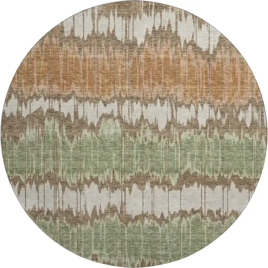 8' Chocolate Green And Beige Striped Washable Round Rug With UV Protection Photo 1