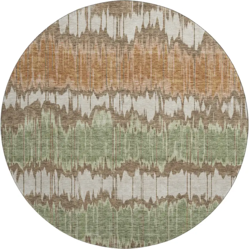 8' Chocolate Green And Beige Striped Washable Round Rug With UV Protection Photo 1