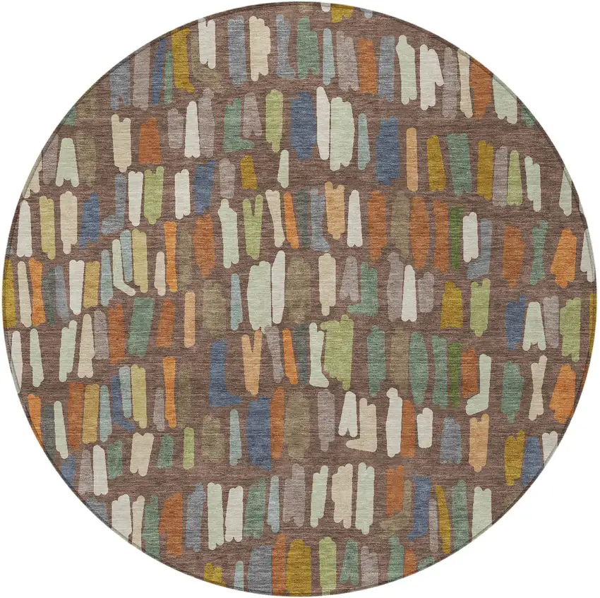 8' Chocolate Green And Blue Round Striped Washable Indoor Outdoor Area Rug Photo 3
