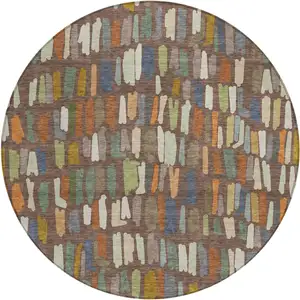 Photo of 8' Chocolate Green And Blue Round Striped Washable Indoor Outdoor Area Rug