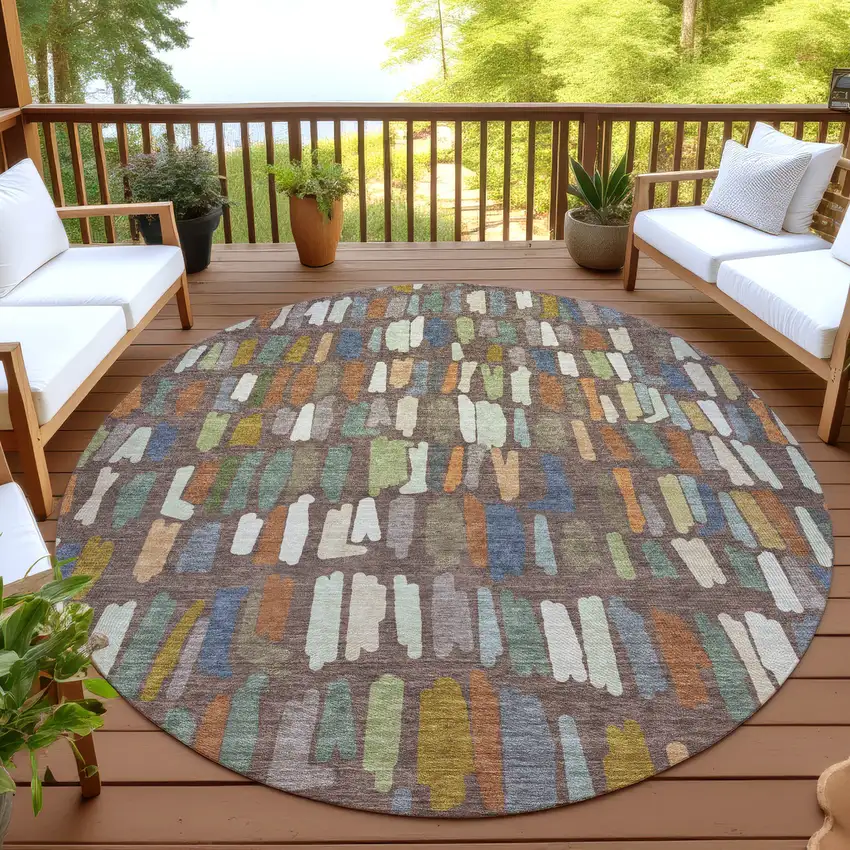 8' Chocolate Green And Blue Round Striped Washable Indoor Outdoor Area Rug Photo 4