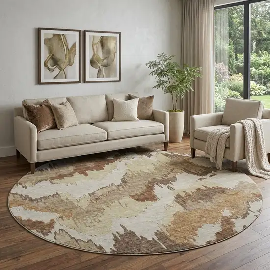 8' Chocolate Ivory And Beige Abstract Washable Round Rug With UV Protection Photo 1
