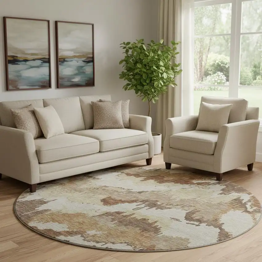 8' Chocolate Ivory And Beige Abstract Washable Round Rug With UV Protection Photo 1