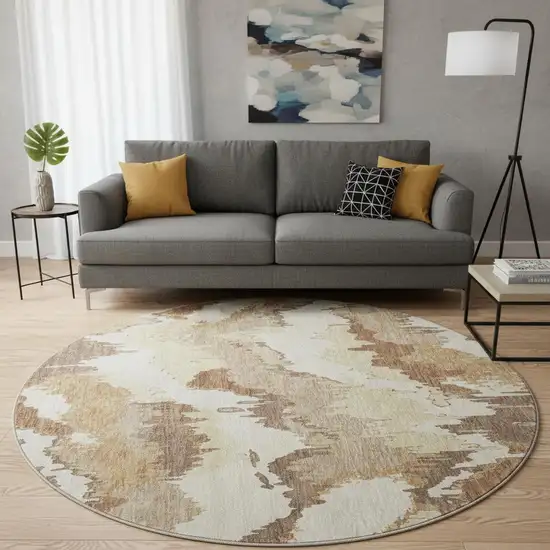 8' Chocolate Ivory And Beige Abstract Washable Round Rug With UV Protection Photo 1