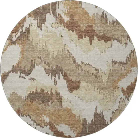 8' Chocolate Ivory And Beige Abstract Washable Round Rug With UV Protection Photo 4