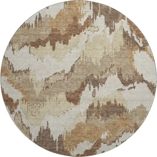 8' Chocolate Ivory And Beige Abstract Washable Round Rug With UV Protection Photo 2