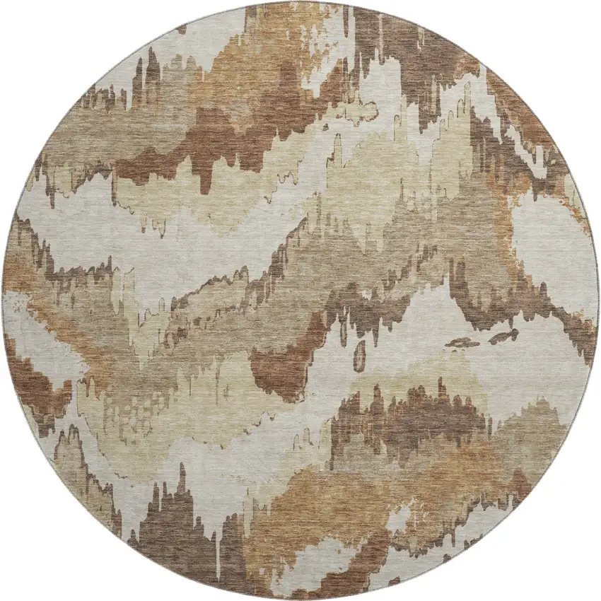 8' Chocolate Ivory And Beige Abstract Washable Round Rug With UV Protection Photo 2