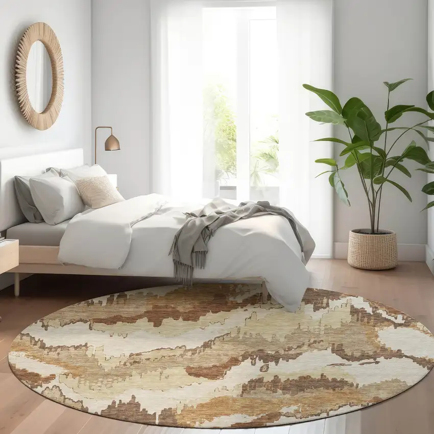 8' Chocolate Ivory And Beige Abstract Washable Round Rug With UV Protection Photo 5